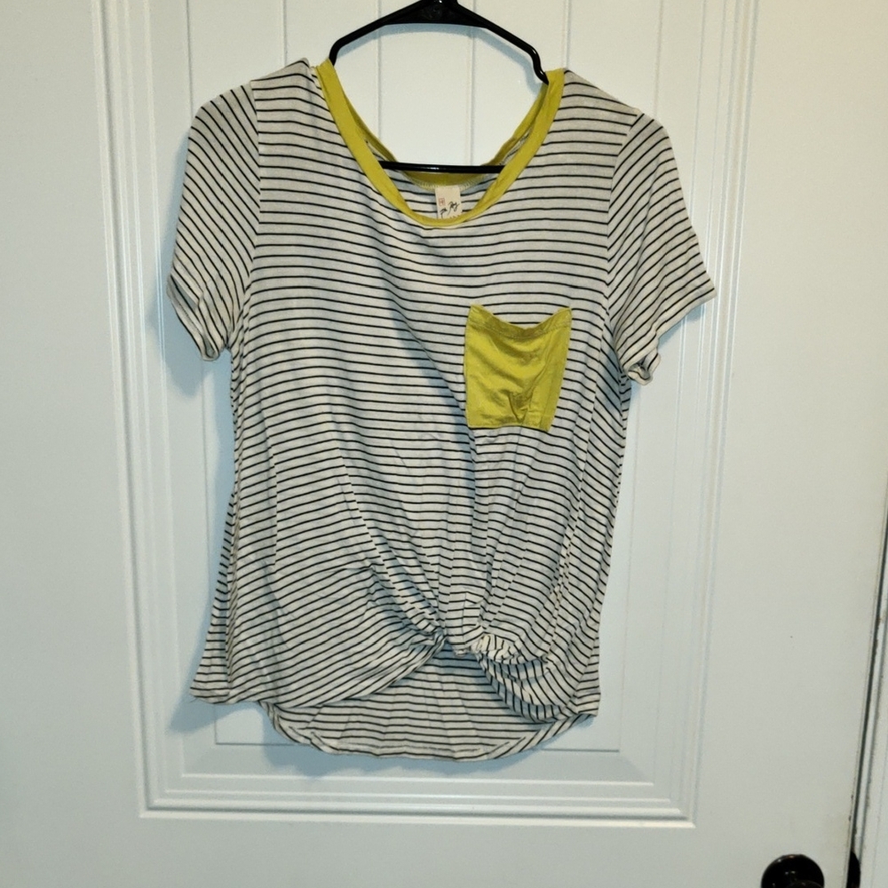 7th Ray Black and White Striped Tee with Yellow Pocket